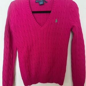 Ralph Lauren Cable Knit V-Neck Sweater in Vibrant Pink